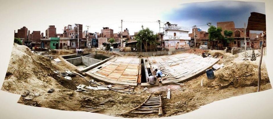 Decentralized sanitation infrastructure under construction in Savda Ghevra Resettlement Colony, New Delhi © Julia King