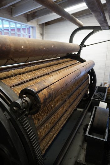 Visit to Knockando woollen mill, pictured teasels machine used to make the surface of the woven material fuzzier 