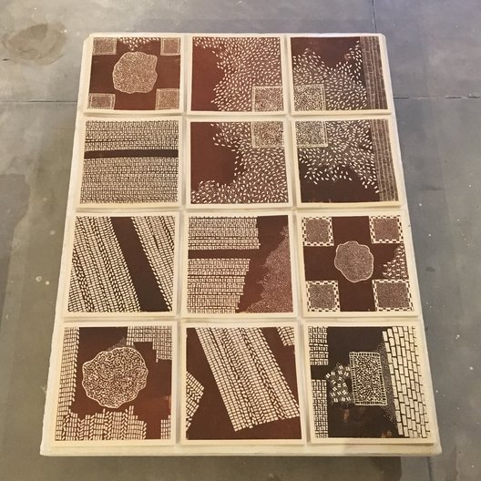 ‘Tile Panel’, Joanne Ayre, Ramesh and Rasika Hengadi, slip-trailed earthenware tiles, made in Jaipur, 2018  