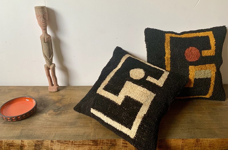 Mandombe cushions; the first products from the atelier collaboration Jess Kilubu