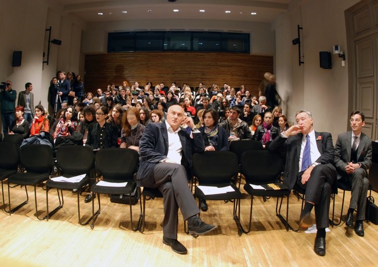 Audience at fashion film screening and presentation on UK fashion exhibitions 